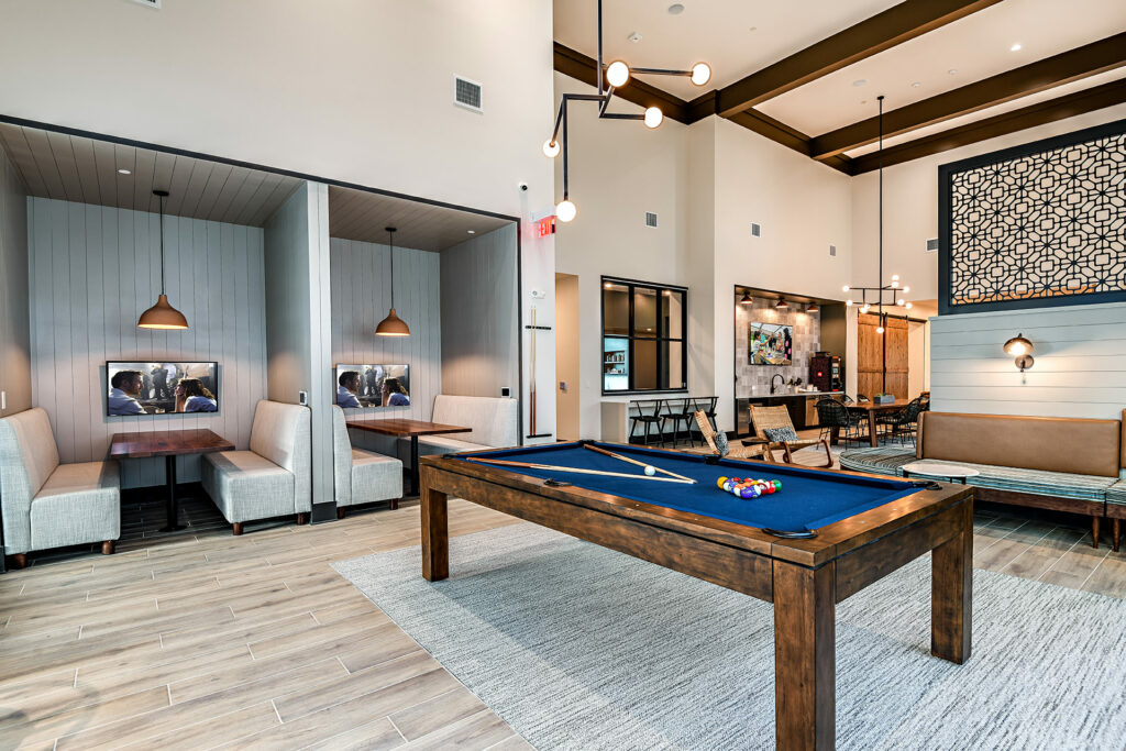 Clubroom with pool table and study nooks